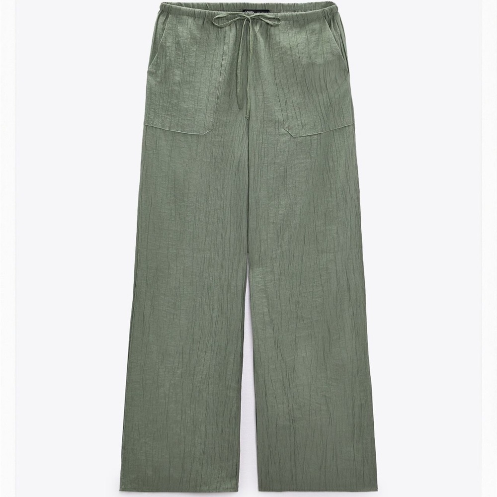 ZARA High Waist Wideleg Drawstring Flowy Crinkle Pants, Sz L - NWT